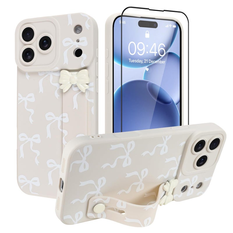 OOK Case for iPhone 17 Pro Max Case with Screen Protector, Cute Bow Design with Adjustable Wristband Strap Kickstand Slim Soft TPU Rubber for Women Girls Phone Cover-White - Image 2