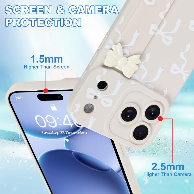 OOK Case for iPhone 17 Pro Max Case with Screen Protector, Cute Bow Design with Adjustable Wristband Strap Kickstand Slim Soft TPU Rubber for Women Girls Phone Cover-White - Image 4
