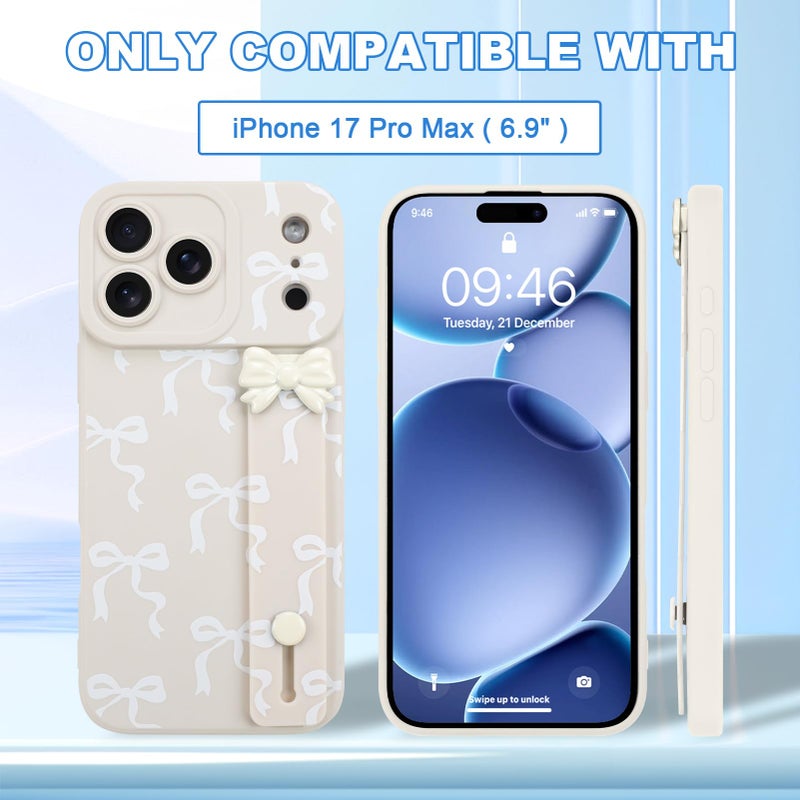 OOK Case for iPhone 17 Pro Max Case with Screen Protector, Cute Bow Design with Adjustable Wristband Strap Kickstand Slim Soft TPU Rubber for Women Girls Phone Cover-White - Image 3