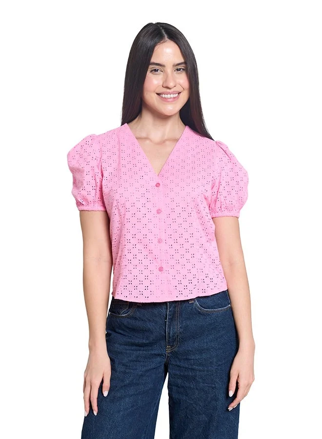 اشاراي Women's Short Sleeve Button Down Top With Puff Sleeves  Comfortable Material, Breathable Daily Wear, Casual Fashion Outfit, Special Occasion Outfit, Trendy & Chic Apparel
