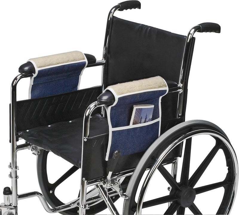 DMI Fleece Wheelchair Armrests with Pouch - Navy Denim and Fleece, Machine Washable - Image 2