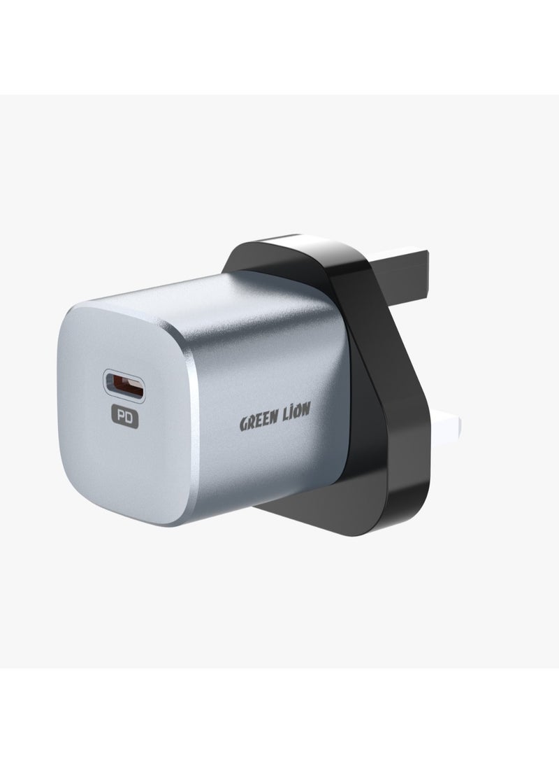 جرين ليون شاحن حائطي PD 20 وات من سلسلة Premium Series بمقبس المملكة المتحدة مع منفذ USB-C / مادة مقاومة للحريق للكمبيوتر الشخصي / شحن سريع / مناسب للسفر - رمادي - Image 3