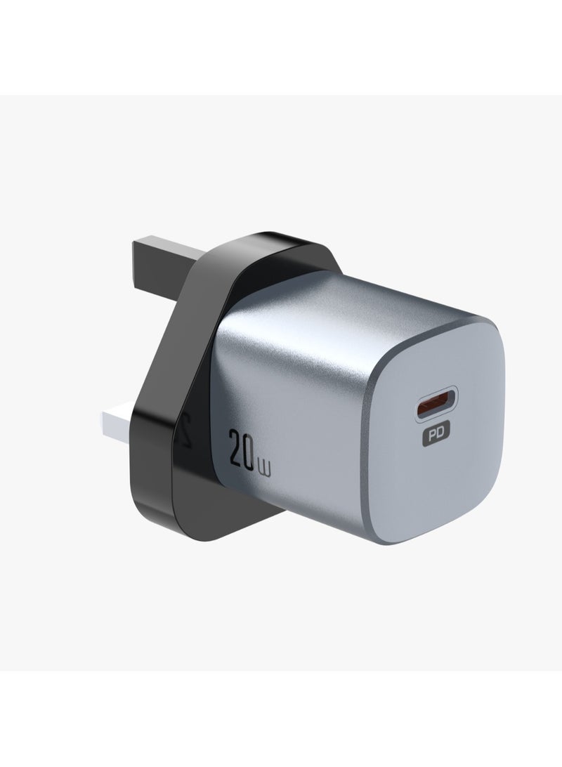 جرين ليون شاحن حائطي PD 20 وات من سلسلة Premium Series بمقبس المملكة المتحدة مع منفذ USB-C / مادة مقاومة للحريق للكمبيوتر الشخصي / شحن سريع / مناسب للسفر - رمادي - Image 1