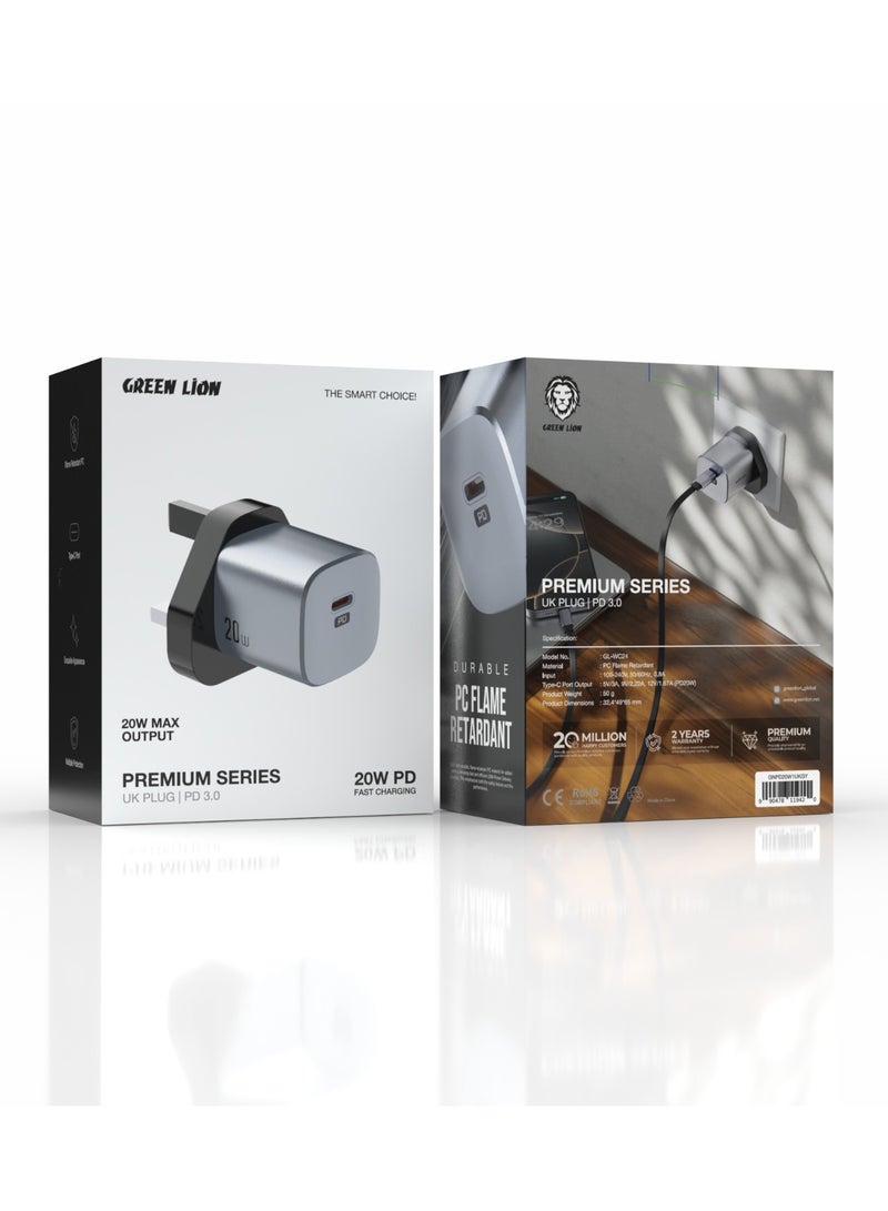 جرين ليون شاحن حائطي PD 20 وات من سلسلة Premium Series بمقبس المملكة المتحدة مع منفذ USB-C / مادة مقاومة للحريق للكمبيوتر الشخصي / شحن سريع / مناسب للسفر - رمادي - Image 4