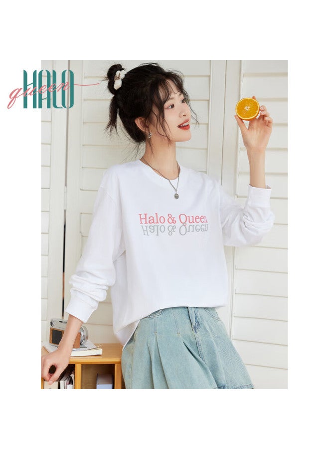 HALOQUEEN Halo Queen Long-sleeve T-shirt For Women, Pure Cotton, Spring And Autumn Round Neck, Letter Print, High-end Casual Base Shirt, New Product H143t2016 - Image 2
