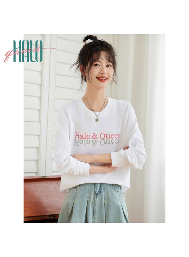 HALOQUEEN Halo Queen Long-sleeve T-shirt For Women, Pure Cotton, Spring And Autumn Round Neck, Letter Print, High-end Casual Base Shirt, New Product H143t2016 - Image 3