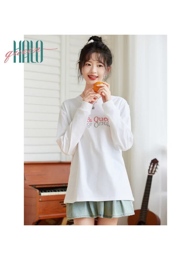 HALOQUEEN Halo Queen Long-sleeve T-shirt For Women, Pure Cotton, Spring And Autumn Round Neck, Letter Print, High-end Casual Base Shirt, New Product H143t2016 - Image 1