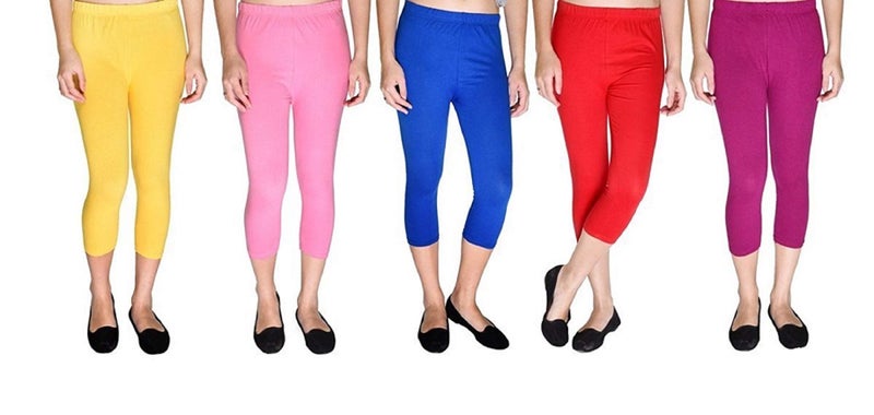 FEELBLUE Premium Cotton Strechable Women's Casual/Gym/Sports 3/4th Capri (Free Size) Combo Pack of 5 (yelowPinkRoyalRedMagenta) - Image 1