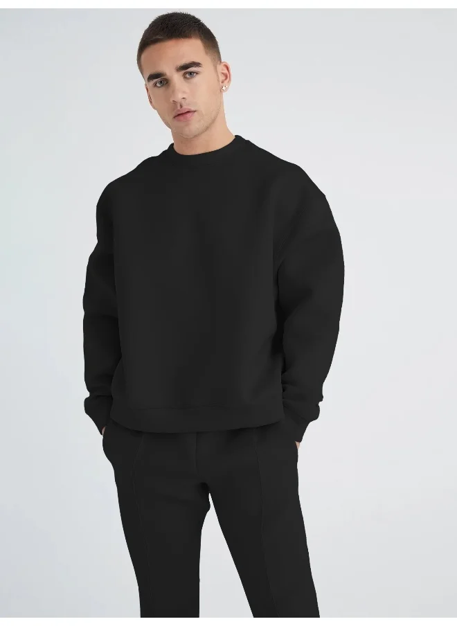 مانياك Mens Solid Beige Round Neck Sweatshirt and Jogger Cotton Loopknit Fleece Co-Ords