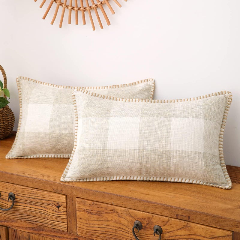 decorUhome decorUhome Fall Buffalo Plaid Check Throw Pillow Covers 12x20 Set of 2  Outdoor Lumbar Decorative Farmhouse Pillow Covers with Stitched Edge for Bed Couch Sofa  Cream White and Beige - Image 1
