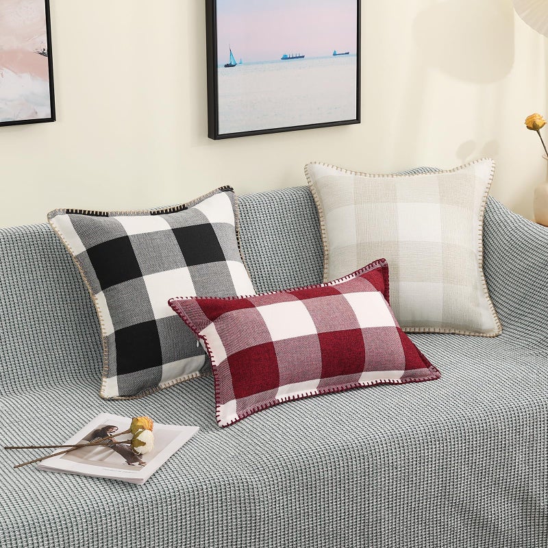 decorUhome decorUhome Fall Buffalo Plaid Check Throw Pillow Covers 12x20 Set of 2  Outdoor Lumbar Decorative Farmhouse Pillow Covers with Stitched Edge for Bed Couch Sofa  Cream White and Beige - Image 5
