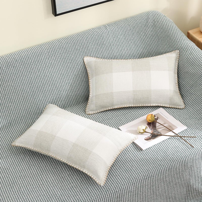 decorUhome decorUhome Fall Buffalo Plaid Check Throw Pillow Covers 12x20 Set of 2  Outdoor Lumbar Decorative Farmhouse Pillow Covers with Stitched Edge for Bed Couch Sofa  Cream White and Beige - Image 4