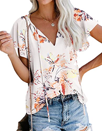 SimpleFun Summer Blouses for Women Casual Seif Tie V Neck Cute Flower Boho Chiffon Tops (Floral,S) - Image 1