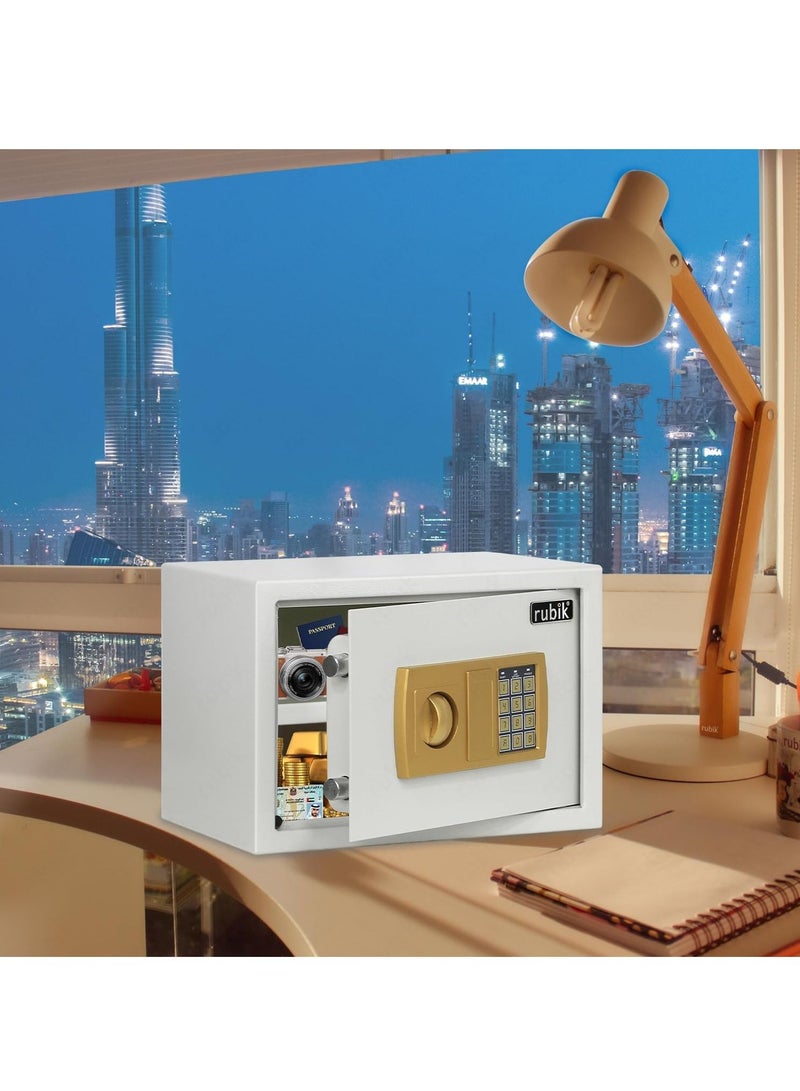 Rubik Safe Box A4 Document Size With Digital Lock and Override Key For Home Office Shop Business RB-25E (25x35x25cm) White/Gold - Image 2