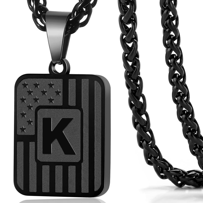 DuoDiner Initial K Necklace for Men Boys Kids, American Flag Letter K Pendent Chain, Stainless Steel Dog Tag Country Military Necklace Jewelry Gifts (Black) Christmas - Image 1