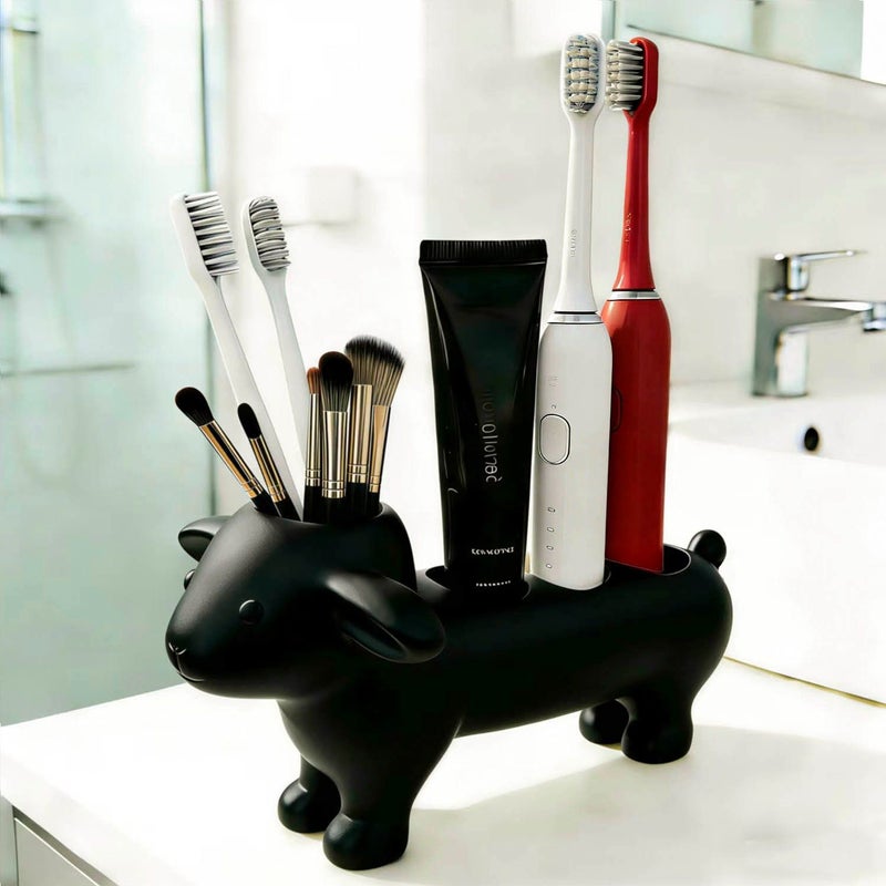 Black 4 Compartment Farmhouse Toothbrush Holder Space Saving Bathroom Storage - Image 1