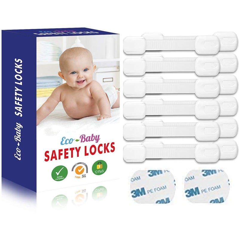 Eco-Baby Safety Cabinet Proofing for Babies - 3M Adhesive Baby Proofing Straps, Refrigerator Lock Straps, Child Proof Locks for Cabinet, Toilet Seat, Cupboard,Door with Easy Installation (12 Pack) - Image 1