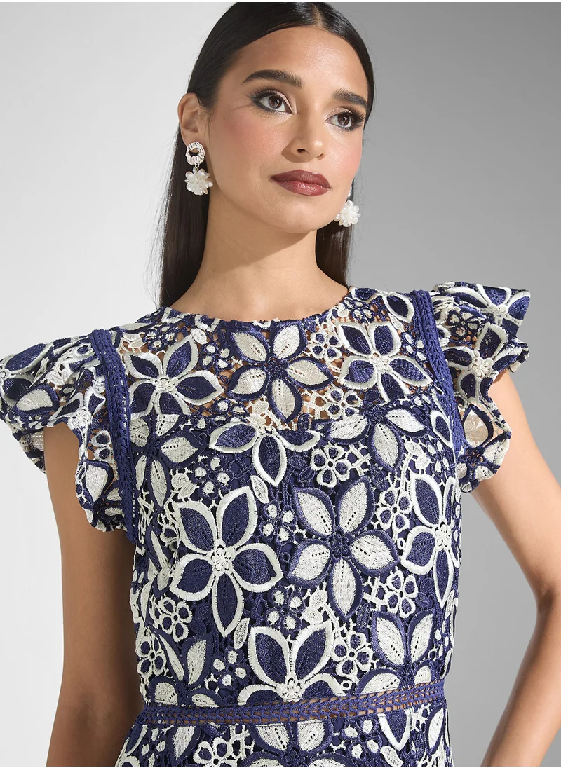 Just Me Floral Embroiderd Cap Slv High Low Dress