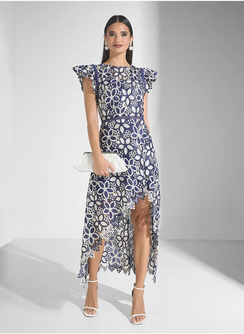 Just Me Floral Embroiderd Cap Slv High Low Dress