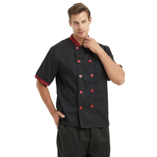 TopTie Unisex Short Sleeve Chef Coat Jacket, Black and Red - Image 4