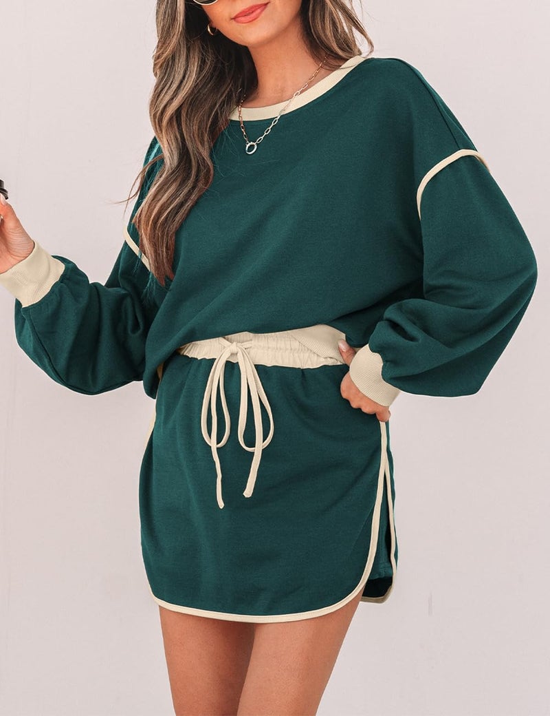 Ecosunny 2 Piece Sets for Women Casual Tracksuit Sweatshirt Waist Skirted Skorts Matching Set Lounge Wear Sweat Suit Evergreen S - Image 2