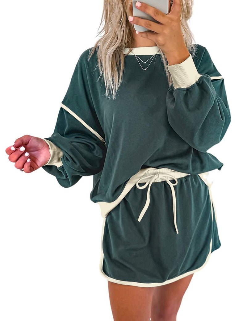 Ecosunny 2 Piece Sets for Women Casual Tracksuit Sweatshirt Waist Skirted Skorts Matching Set Lounge Wear Sweat Suit Evergreen S - Image 1