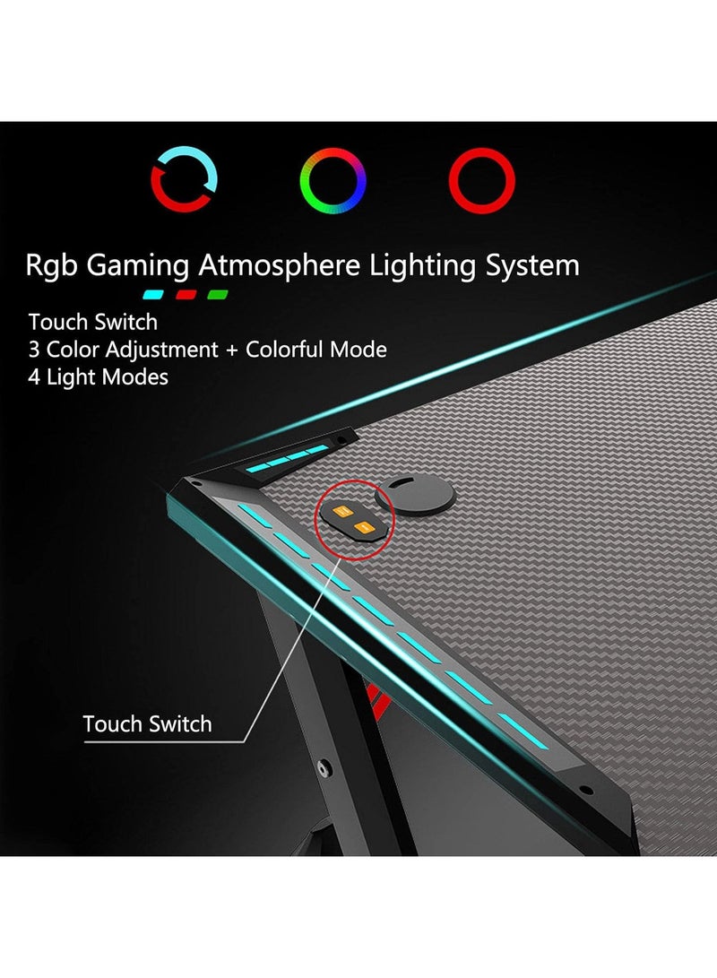 منزل منظم طاولة ألعاب مع مكتب كمبيوتر من ألياف الكربون مع مصابيح LED وإضاءة RGB مع خطاف سماعة رأس وحامل أكواب ومحطة عمل للألعاب - Image 3
