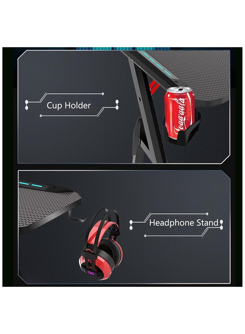 منزل منظم طاولة ألعاب مع مكتب كمبيوتر من ألياف الكربون مع مصابيح LED وإضاءة RGB مع خطاف سماعة رأس وحامل أكواب ومحطة عمل للألعاب - Image 4