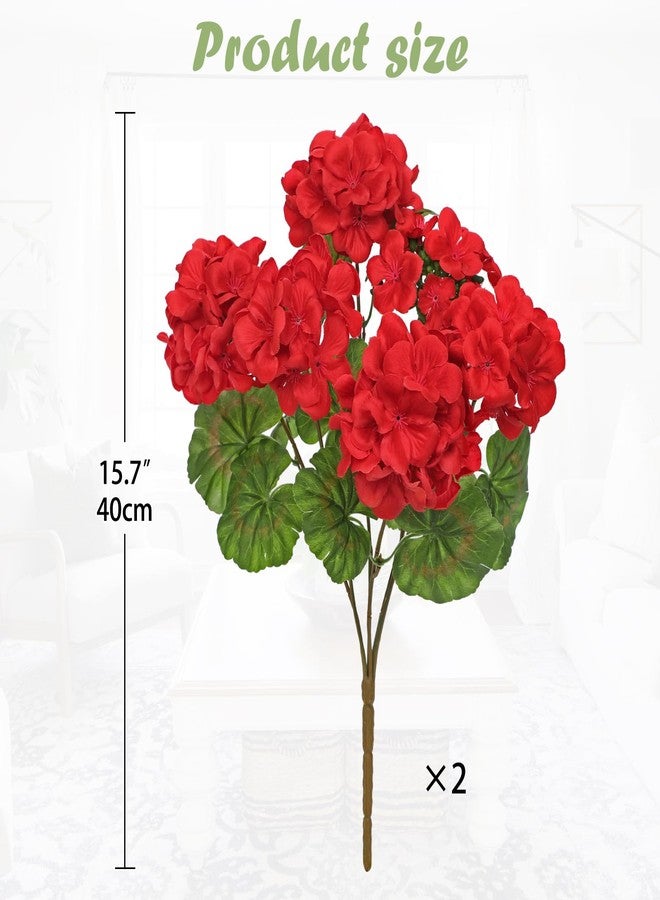 Briful Artificial Geraniums for Outdoor, Realistic Silk Flowers Plants, UV Resistant, Faux Floral Arrangements, Red Fake Geraniums Bushes for Christmas Home Kitchen Table Decor, Pack of 2 - Image 2