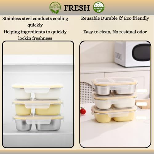 KitchEase 800ml Stainless Steel Lunch Box with 2 Compartments|Leak-Proof Airtight Lid | BPA-Free & Dishwasher Safe Food Container | Bento Tiffin Box for Office, School, Travel, Kids & Adults (Natural) - Image 2