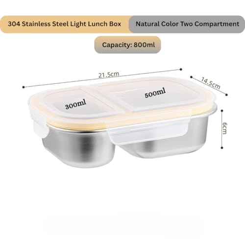 KitchEase 800ml Stainless Steel Lunch Box with 2 Compartments|Leak-Proof Airtight Lid | BPA-Free & Dishwasher Safe Food Container | Bento Tiffin Box for Office, School, Travel, Kids & Adults (Natural) - Image 4