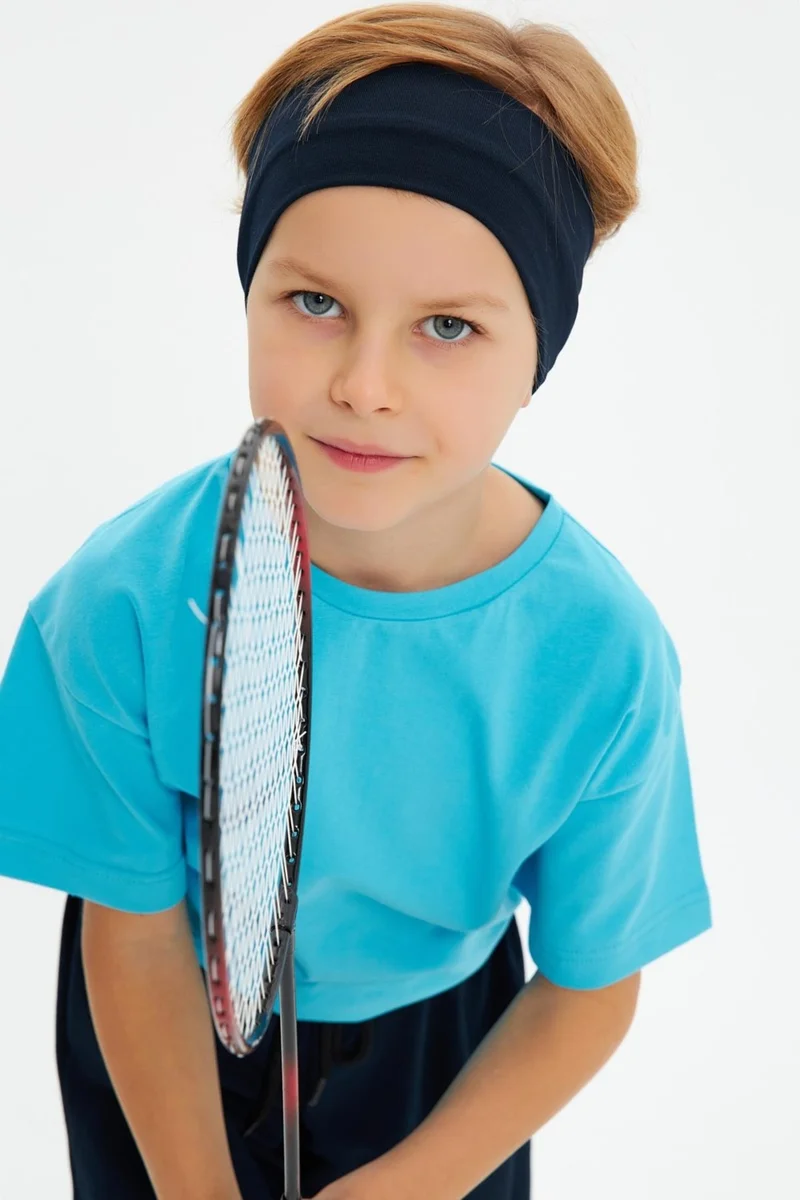 Babygiz Navy Blue-Aqua Boy's Cotton Combed Oversize Aqua T-Shirt Navy Blue Bandana 2-Piece Set