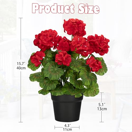 Briful Artificial Geranium Potted Plant – 16” Tall, Realistic Silk Flowers with Vibrant Green Leaves, Red Geraniums Fake Flowers for Outdoors Valentine's Day Home Décor, Farmhouse Office Tables Decor - Image 2