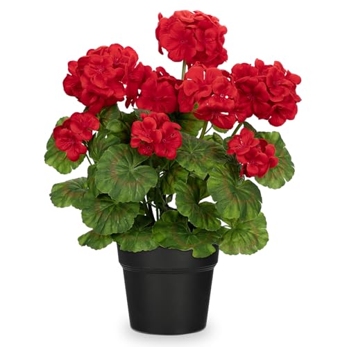 Briful Artificial Geranium Potted Plant – 16” Tall, Realistic Silk Flowers with Vibrant Green Leaves, Red Geraniums Fake Flowers for Outdoors Valentine's Day Home Décor, Farmhouse Office Tables Decor - Image 1