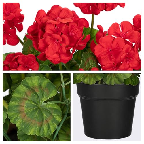 Briful Artificial Geranium Potted Plant – 16” Tall, Realistic Silk Flowers with Vibrant Green Leaves, Red Geraniums Fake Flowers for Outdoors Valentine's Day Home Décor, Farmhouse Office Tables Decor - Image 4