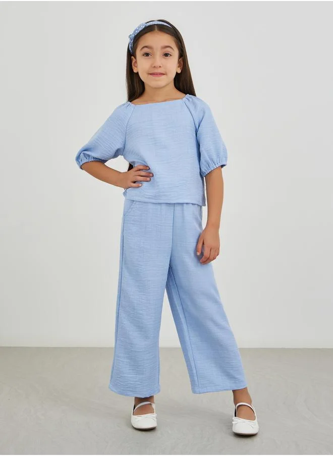 Styli Styli Girls Solid Short Sleeve Blouse and Pants Set