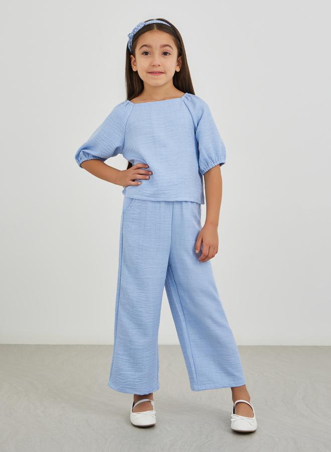 Styli Girls Solid Short Sleeve Blouse and Pants Set - Image 1