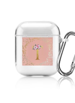 Classic Clear printed Case for Apple Airpods 2 / 1 Soft TPU Gel Thin Transparent Flexible Cover - Custom Monogram Initial Letter Floral Pattern Alphabet - T (Rose Pink )