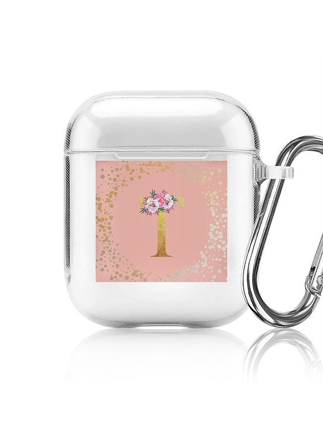 Stylizedd - Classic Clear printed Case for Apple Airpods 2 / 1 Soft TPU Gel Thin Transparent Flexible Cover - Custom Monogram Initial Letter Floral Pattern Alphabet - T (Rose Pink ) - Image 1
