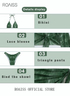 roaiss Women 4pcs Tie Dye Halter Triangle Bikini Swimsuit Cover Up Top with Skirt Set Mesh Dress Swimwear Ladies Beachwear Bathing Suit for Summer Green  - Image 2