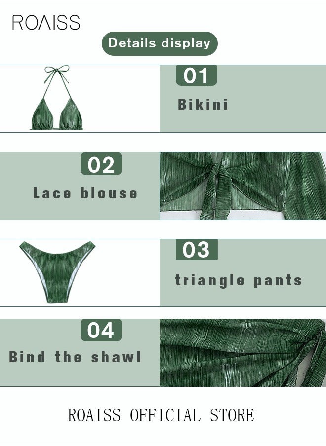 roaiss Women 4pcs Tie Dye Halter Triangle Bikini Swimsuit Cover Up Top with Skirt Set Mesh Dress Swimwear Ladies Beachwear Bathing Suit for Summer Green  - Image 2