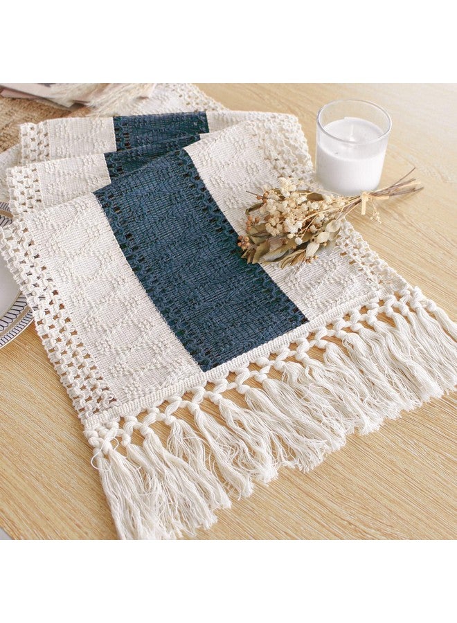 FEXIA Boho Blue Table Runner 72 Inches Long with Tassels Macrame Farmhouse Style Party Rustic Wedding Baby Bridal Shower Dining Decor (12x72 Inches) - Image 1