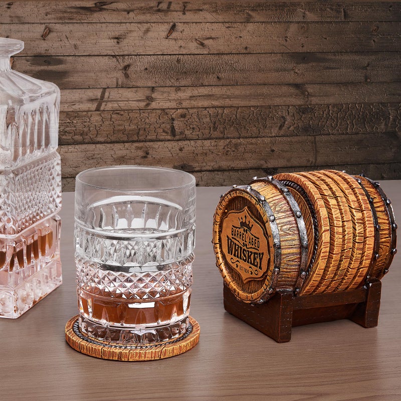 Cabin Obsession Whiskey Barrel Coaster Set â€“ Handcrafted Whiskey Barrel Decor for Whiskey Lovers and Man Cave Gifts for Men - 6 Full Size Whiskey Coasters with Barrel Style Holder for Man Cave DÃ©cor - Image 5