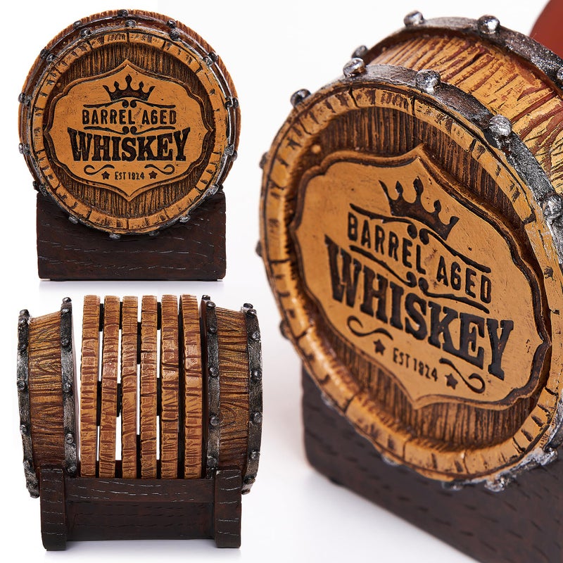 Cabin Obsession Whiskey Barrel Coaster Set â€“ Handcrafted Whiskey Barrel Decor for Whiskey Lovers and Man Cave Gifts for Men - 6 Full Size Whiskey Coasters with Barrel Style Holder for Man Cave DÃ©cor - Image 3