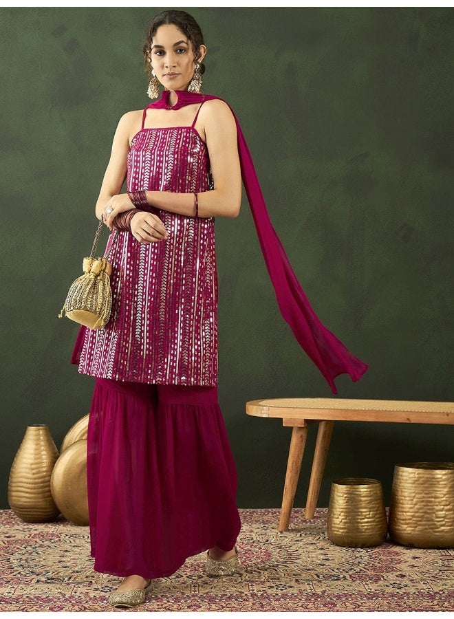 AKS Ethnic Motifs Embroidered Sequinned Kurta With Sharara & Dupatta  - Image 1