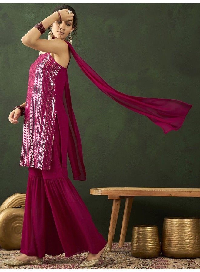 AKS Ethnic Motifs Embroidered Sequinned Kurta With Sharara & Dupatta  - Image 4