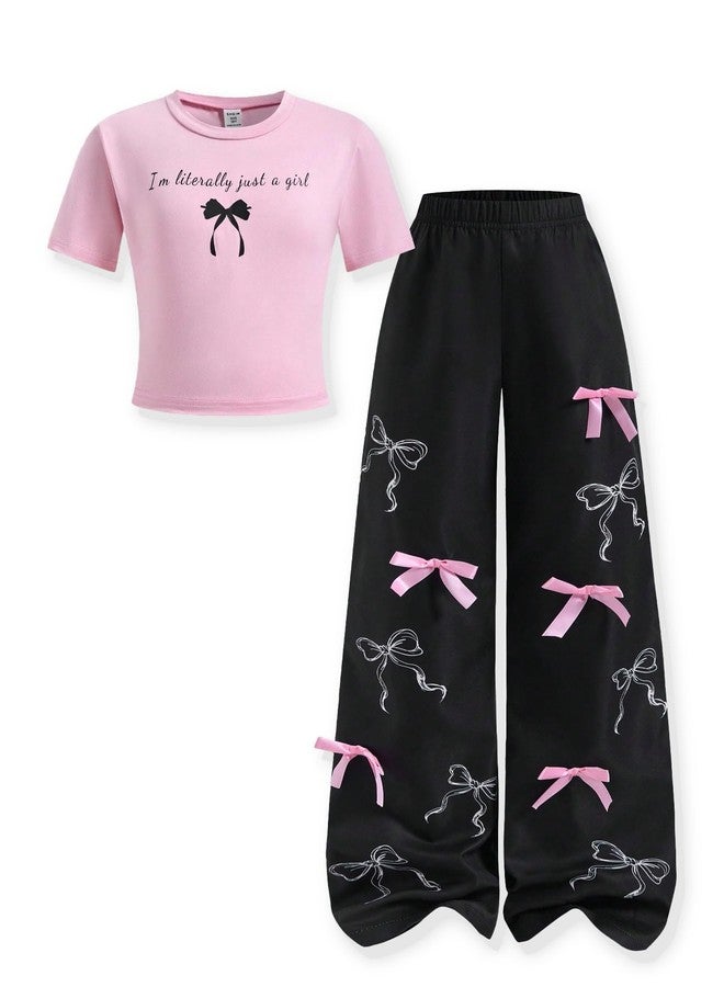 FJLSJSW Girls Clothes 2 Piece Outfit Short Sleeve Top + Bow Cargo Pants Girls Spring and Fall Outfits, Sizes 15-16 Years - Image 1