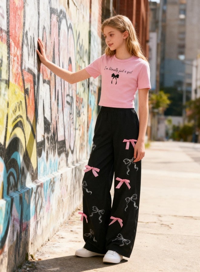 FJLSJSW Girls Clothes 2 Piece Outfit Short Sleeve Top + Bow Cargo Pants Girls Spring and Fall Outfits, Sizes 15-16 Years - Image 3
