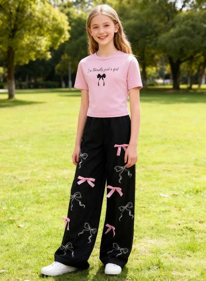 FJLSJSW Girls Clothes 2 Piece Outfit Short Sleeve Top + Bow Cargo Pants Girls Spring and Fall Outfits, Sizes 15-16 Years - Image 5