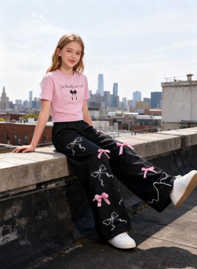 FJLSJSW Girls Clothes 2 Piece Outfit Short Sleeve Top + Bow Cargo Pants Girls Spring and Fall Outfits, Sizes 15-16 Years - Image 4